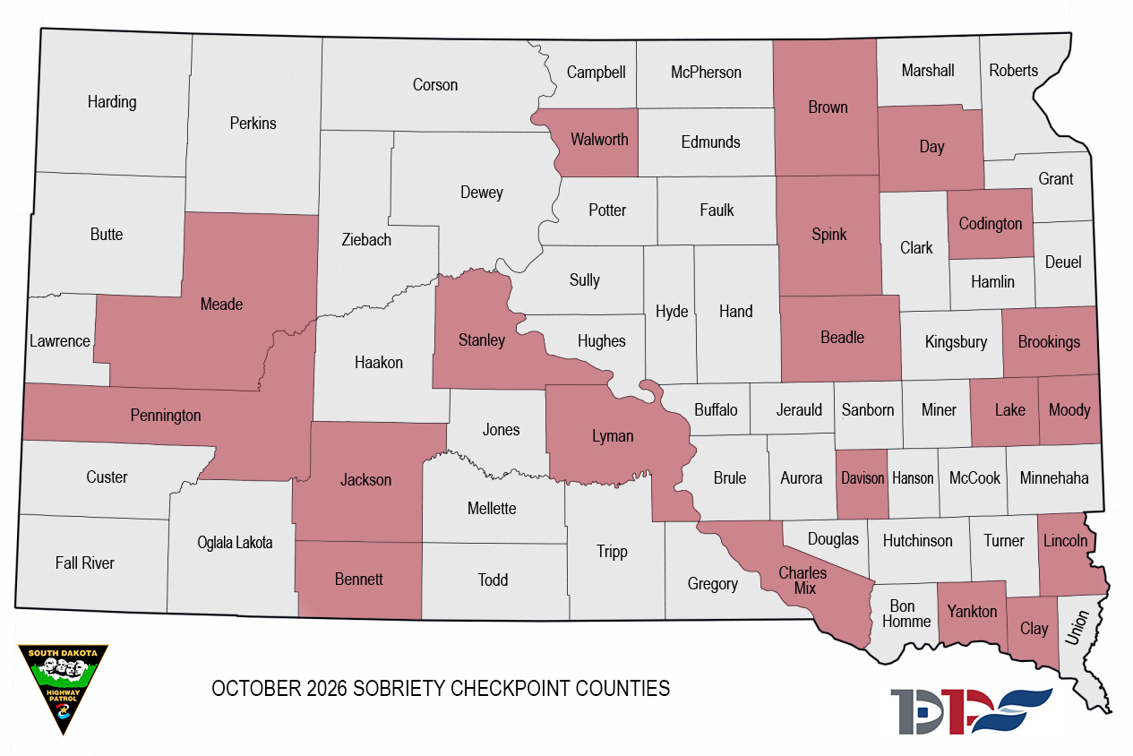 A map of South Dakota showing which 20 counties have sobriety checkpoints in October 2026.
